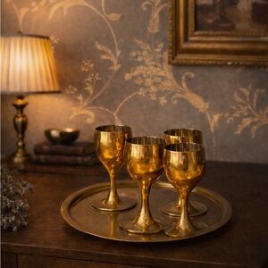 Vintage Brass Goblet Set w/ Matching Etched Tray Gold Tone Estate Barware